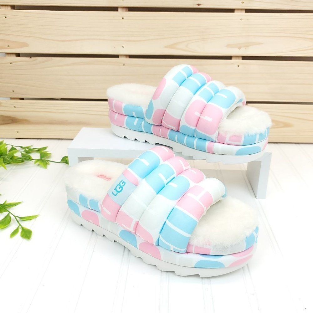 UGG Maxi Platform Pride Slide Pink & Blue Logo Fluff Sandal